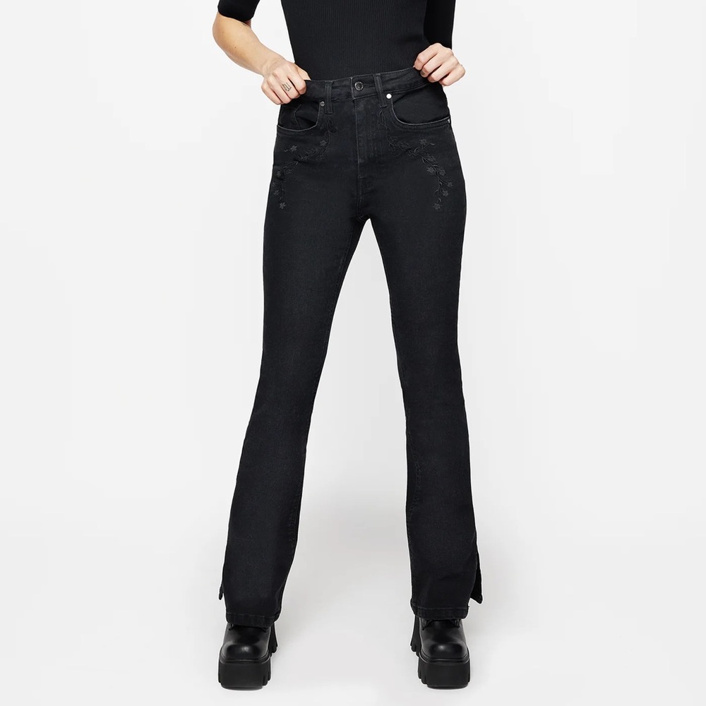 Disturbia Embroidered Split Hem Black Jeans